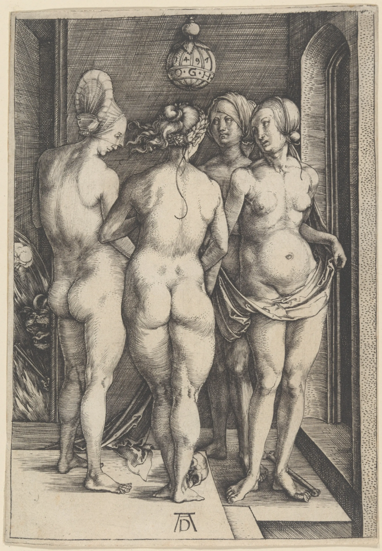 Four voluptuous nude women in a, perhaps, bathhouse setting
