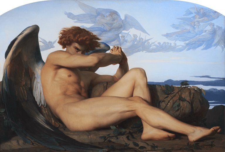 A muscular, nude Lucifer immediately after his banishment from Heaven, showcasing a poignant mix of defiance and despair