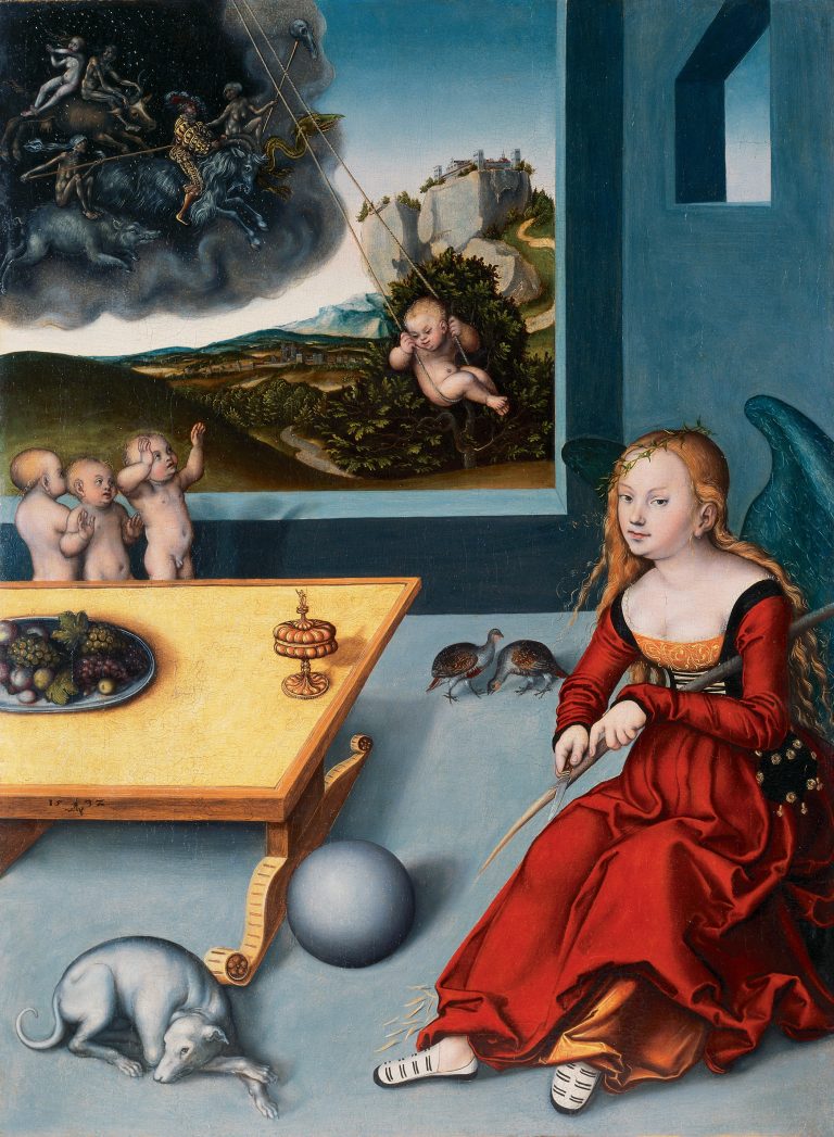 A a winged woman in deep thought (the personification of melancholy) whittling a stick near naked children playing with a large globe and hoop, in front an apocalyptic background
