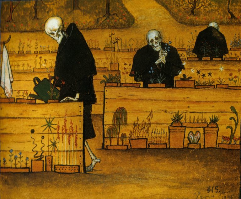 three black-robed skeleton figures, personifications of Death, carefully tend to a garden of plants, representing human souls