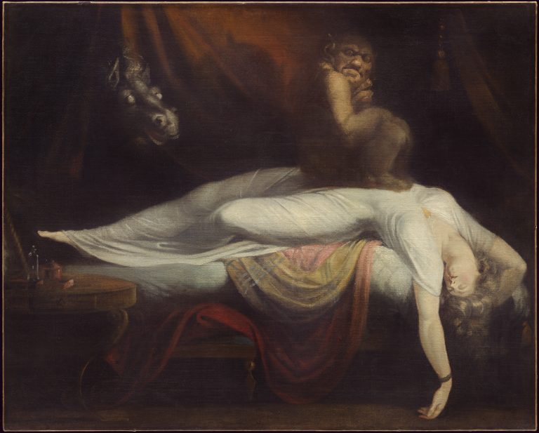 A sleeping woman draped over a bed, with a demonic incubus on her chest and a horse's head appearing in the background, symbolizing sleep paralysis and terror