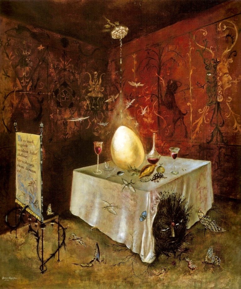 A white rose dripping onto a large white egg, symbolizing metamorphosis and the Philosopher's Stone. The scene depicts a transformative ritual.