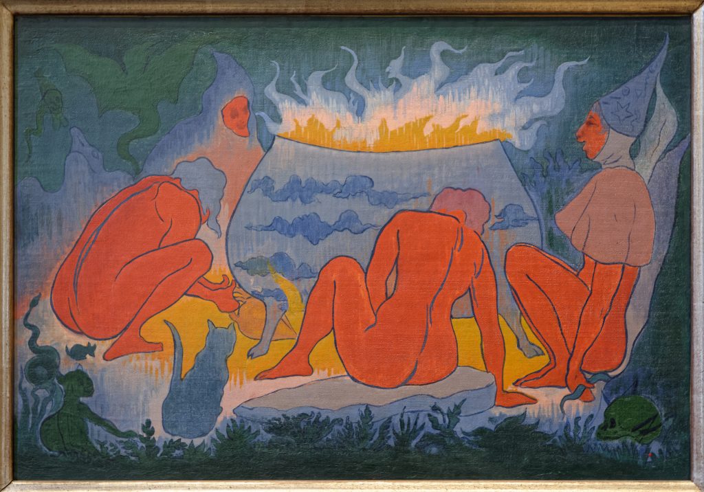 Three nude figures gathered around a central fire in a wooded setting, accompanied by black cats, embodying a mystical, occult theme