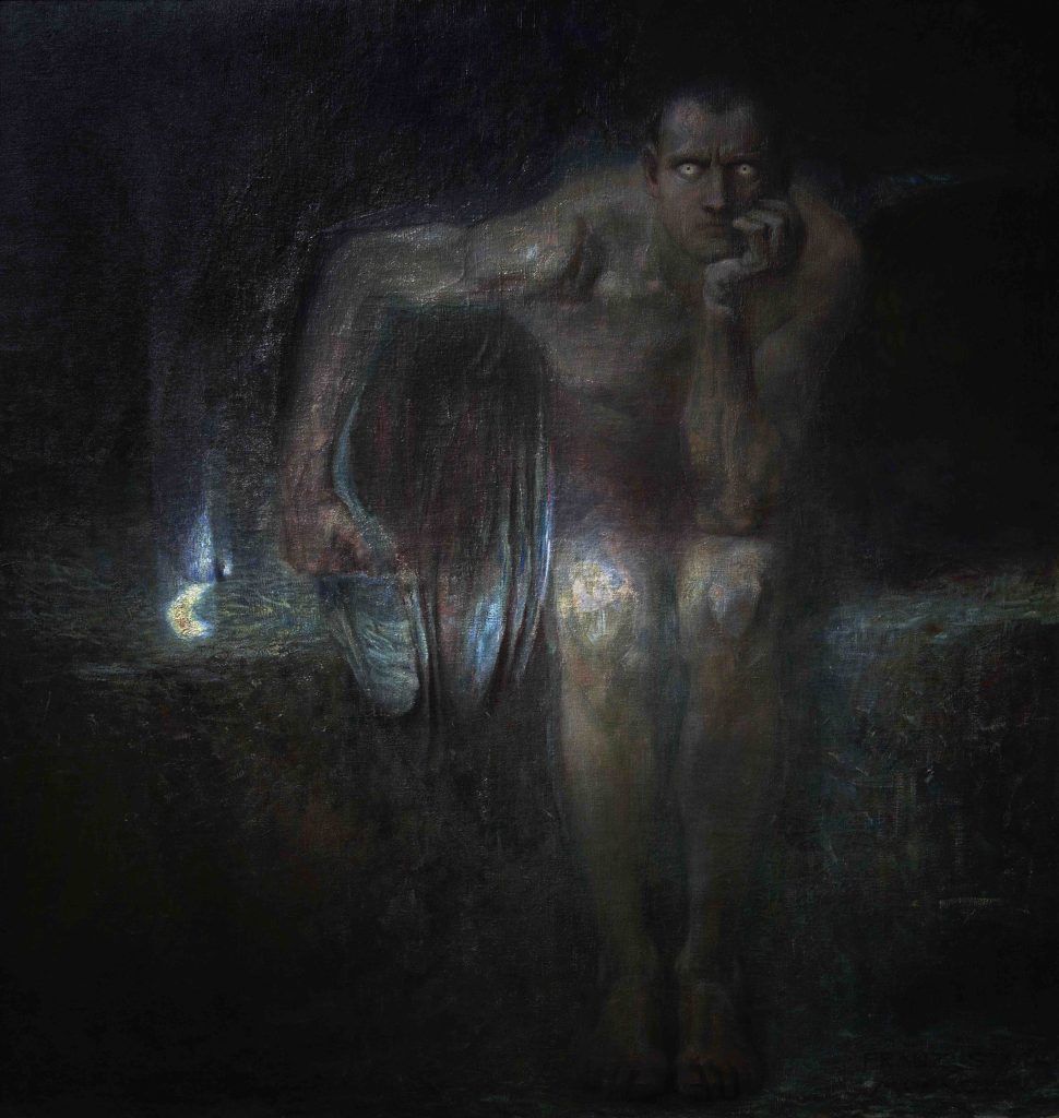 A seated, monumental fallen angel, embodying a "man-demon" of dark beauty. It features a muscular, dark-winged figure with intense, glowing eyes