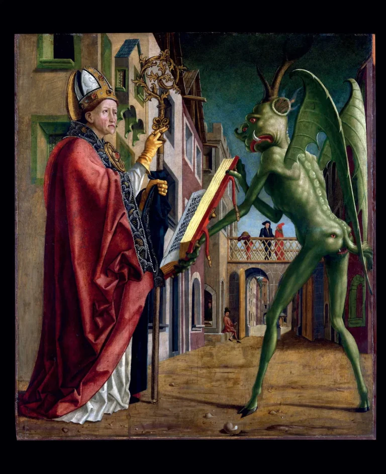 A grotesque, winged devil attempts to tempt the saint by presenting a book of vices, only for Augustine to confront him with spiritual authority, forcing the devil to reveal only one minor transgression (neglecting prayers)