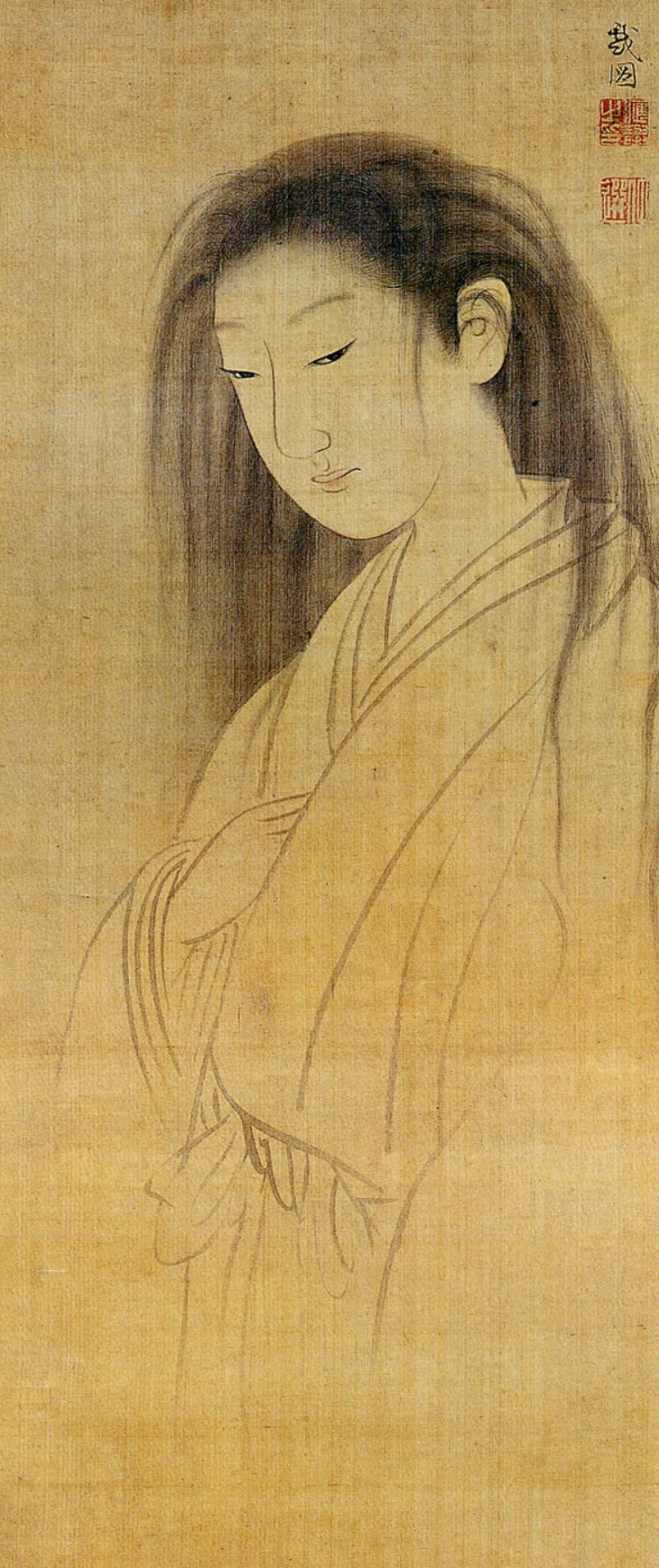 A female spirit with a, pale, almost transparent complexion, featuring long, disheveled black hair that fades into faint, thin, wispy brushstrokes at the bottom