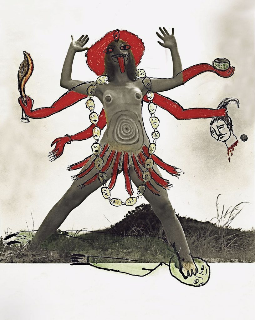 The photograph depicts Edelson in an empowered, triumphant pose standing over the body of a quickly sketched man.