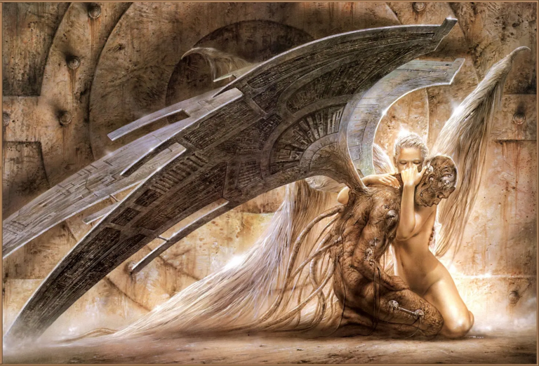 Two fallen angels in futuristic, apocalyptic landscapes.
