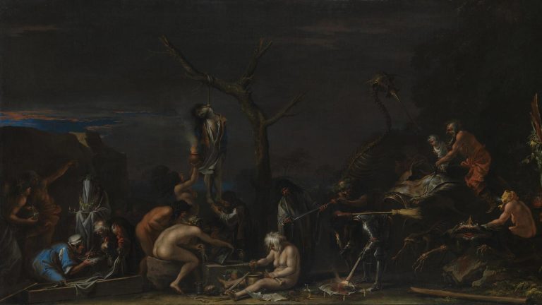 A chaotic, nightmarish witches' sabbath in a dark landscape. It features naked witches, sorcerers, and monsters performing ghoulish rituals