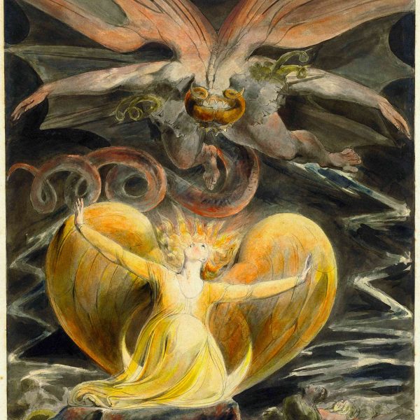 A seven-headed red dragon with immense wings poised to devour a clothed woman, symbolizing a cosmic battle between good and evil