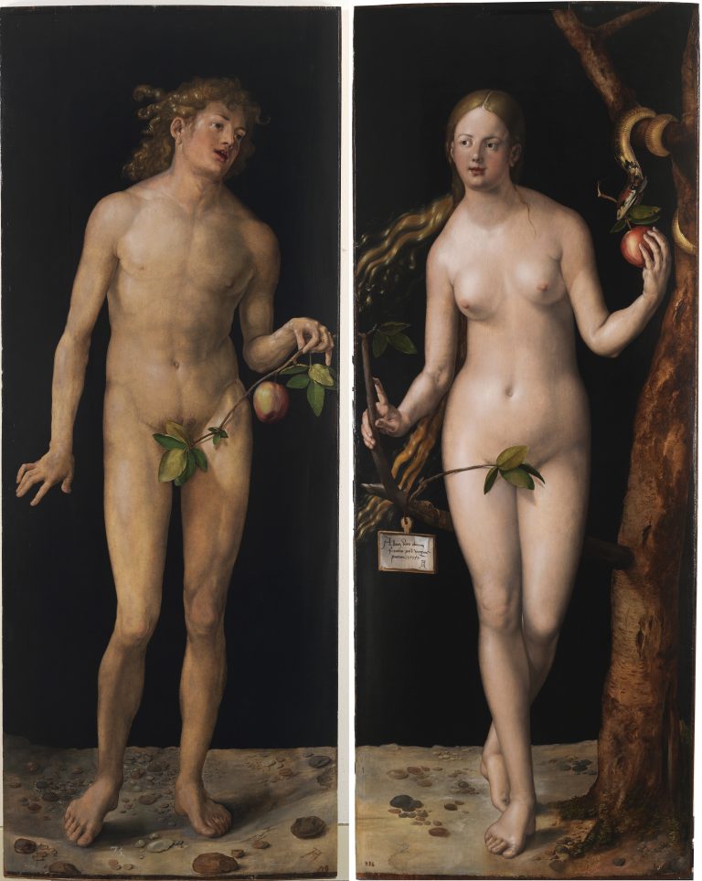 Two separate panels, with Adam on the left and Eve on the right, emphasizing individual study before viewing them together