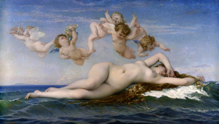A voluptuous, sleeping Venus reclining on sea foam, surrounded by cherubs