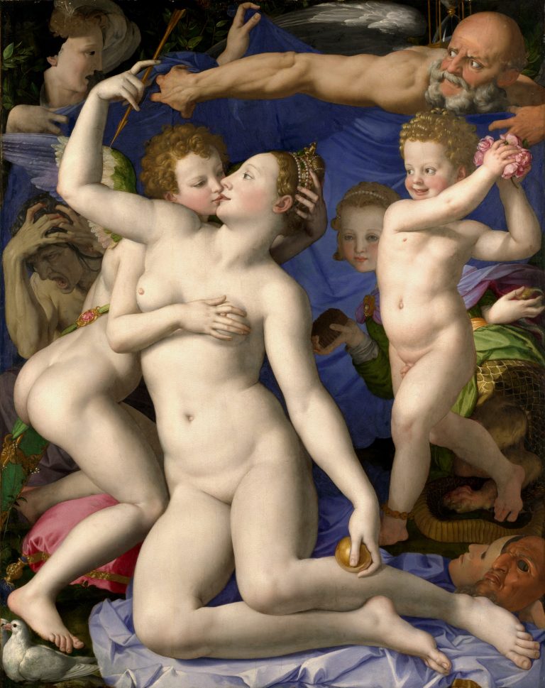 A cold, eroticized scene where Venus and her son Cupid share a kiss and steal arrows, surrounded by figures representing Folly, Jealousy/Syphilis, and Deceit, highlighting the fleeting nature and painful consequences of lust
