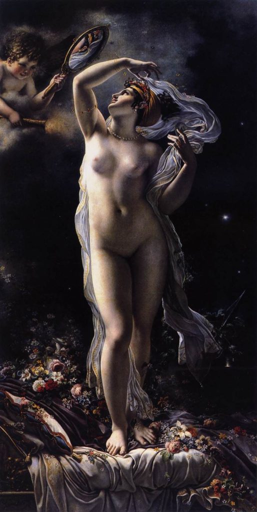 Oil painting depicting the famous French actress, Mademoiselle Lange, as a vain Venus holding a cracked mirror