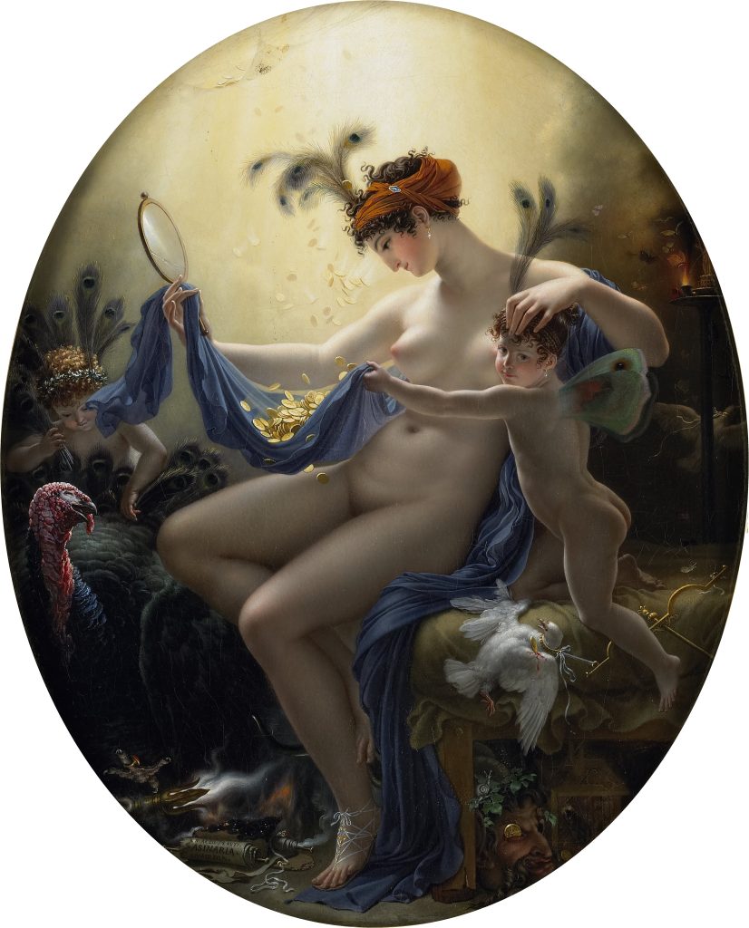A satirical oil-on-canvas painting depicting the actress Anne Françoise Elisabeth Lange greedily catching coins