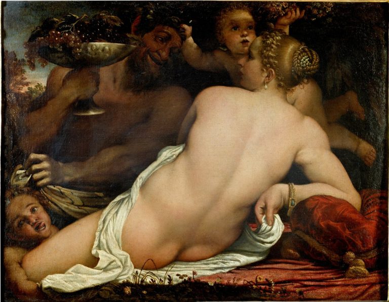 A tense, erotic encounter between the fair Venus—covering herself—and a dark satyr offering grapes, with two cupids interrupting