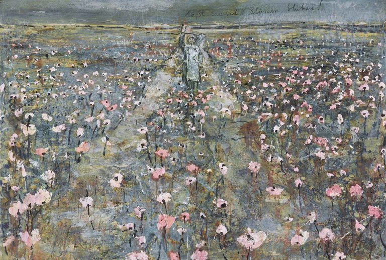 A large-scale photo-collage of a saluting Mao statue amid a bleak, heavily textured, and decaying landscape of flowers