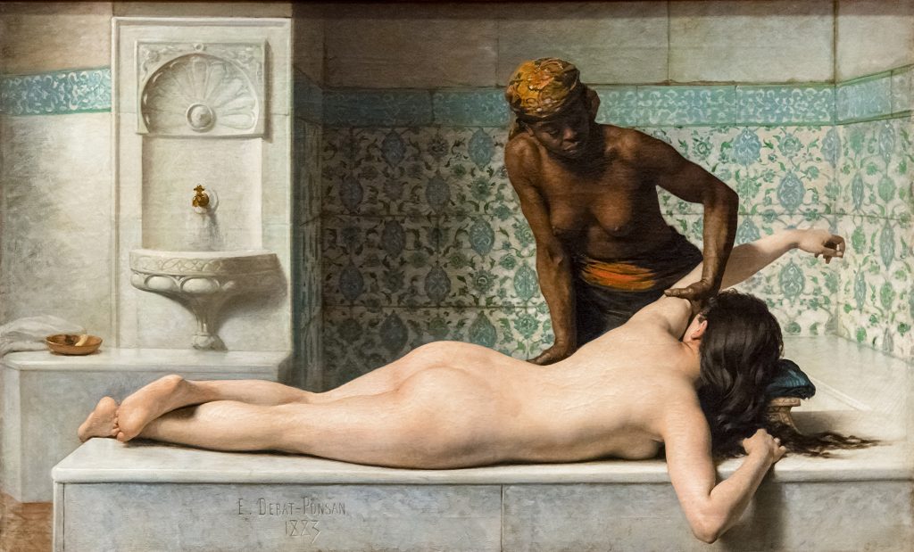 Serene, luxurious Turkish bath scene, focusing on the orientalist theme of female beauty and leisure