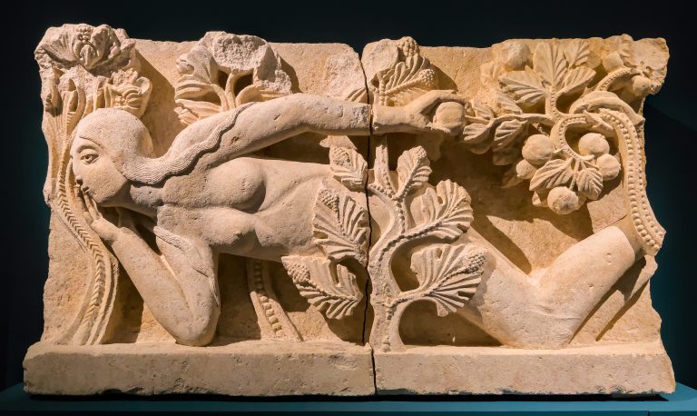 A sensuous, reclining Eve, portrayed in a rare, large-scale nude, as she crawls in a "trance" to reach for the forbidden fruit, symbolizing sin, temptation, and the fall of humanity
