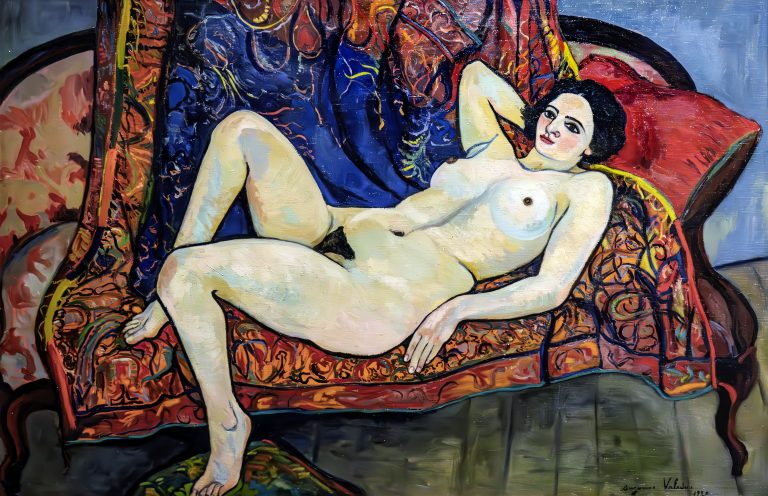 A candid, non-idealized nude on a vibrant red sofa, showcasing her focus on raw, intimate portrayals of the female body rather than classical beauty