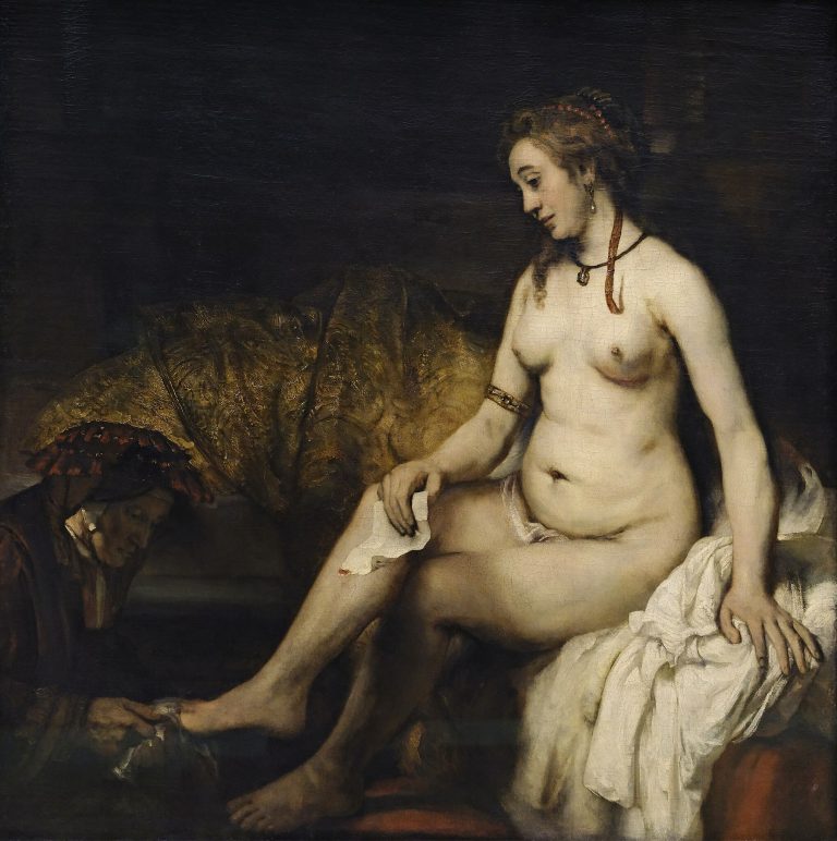 A pensive, nude biblical figure, Bathsheba, holding a summons letter from King David