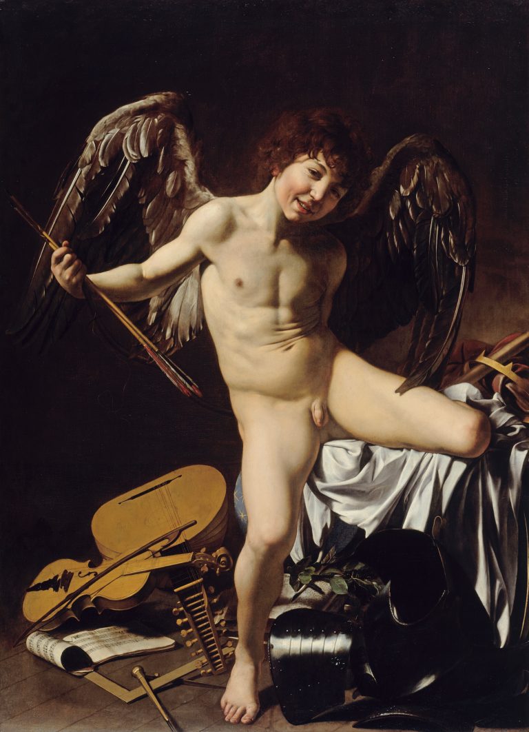 A naked, grinning adolescent Cupid triumphing over human endeavors