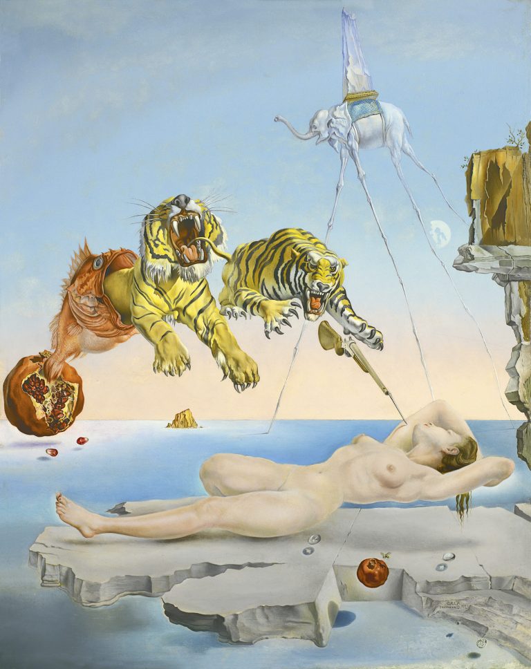Gala's dream, prompted by the buzzing of the bee, appears in the upper part of the canvas; there, from an exploding pomegranate shoots out a fish, from whose mouth two ferocious tigers emerge together with a bayonet which, one second later, will wake Gala from her restful sleep