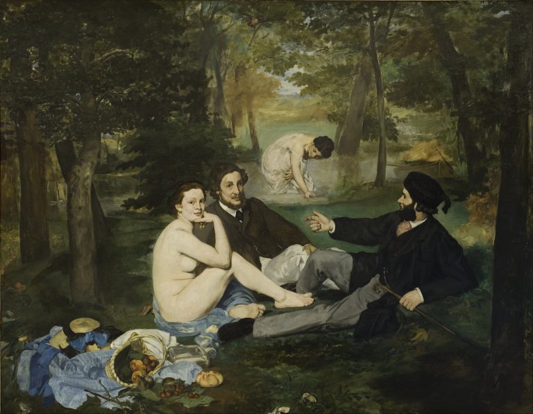 A contemporary nude woman having a picnic with two dressed bourgeois men