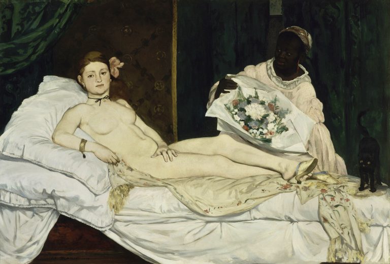 A nude courtesan reclining on a bed, confronting the viewer with a direct, challenging gaze