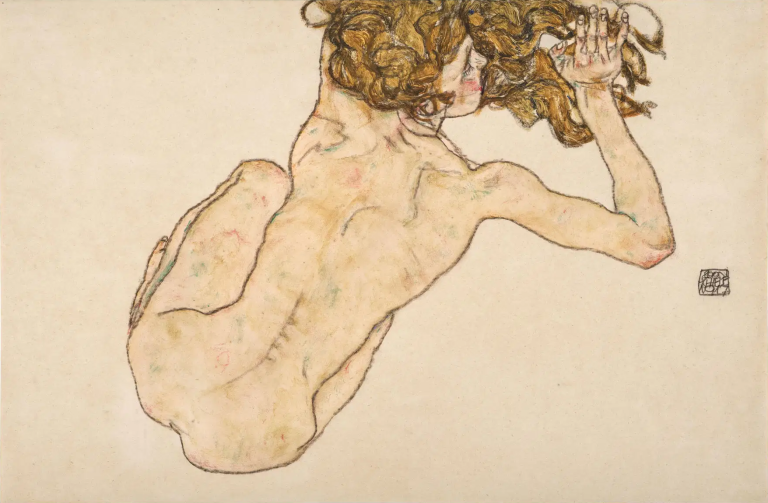 An intricately drawn nude figure is depicted from the back, showcasing a crouched position