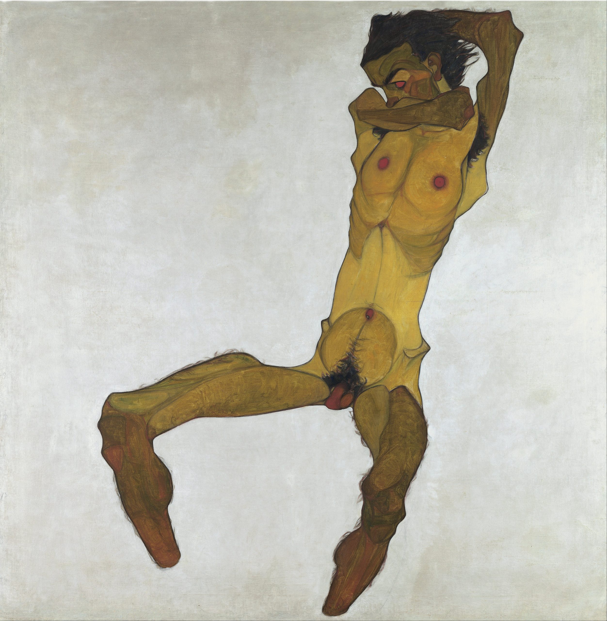 The artist presented himself naked, in an almost painful physical position