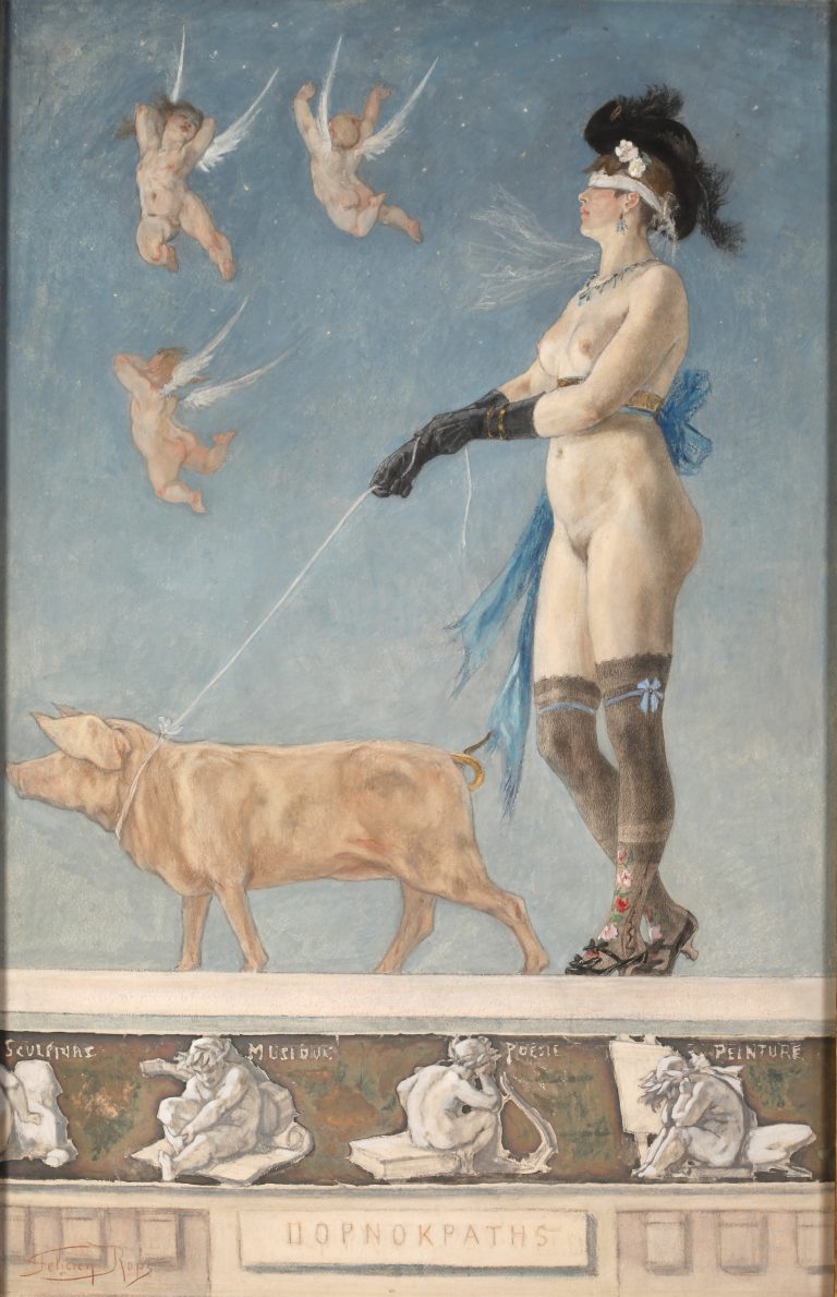 A blindfolded, mostly naked woman led by a pig with a golden tail. It provocatively allegorizes the "rule of lust" (pornocracy), highlighting the triumph of sensuality over academic art
