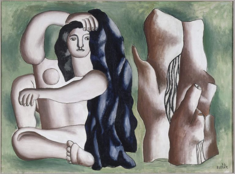 A stylized, geometric figure of a bather rendered in bold blocks of color and thick black outlines. The body appears mechanical and sculptural, composed of rounded and cylindrical shapes set against a simplified, abstract background.
