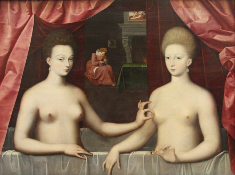 Henri IV's mistress and her sister, the Duchess of Villars, in a bath, with the sister pinching Gabrielle’s nipple—symbolizing fertility—highlighting themes of pregnancy, luxury, and Mannerist style