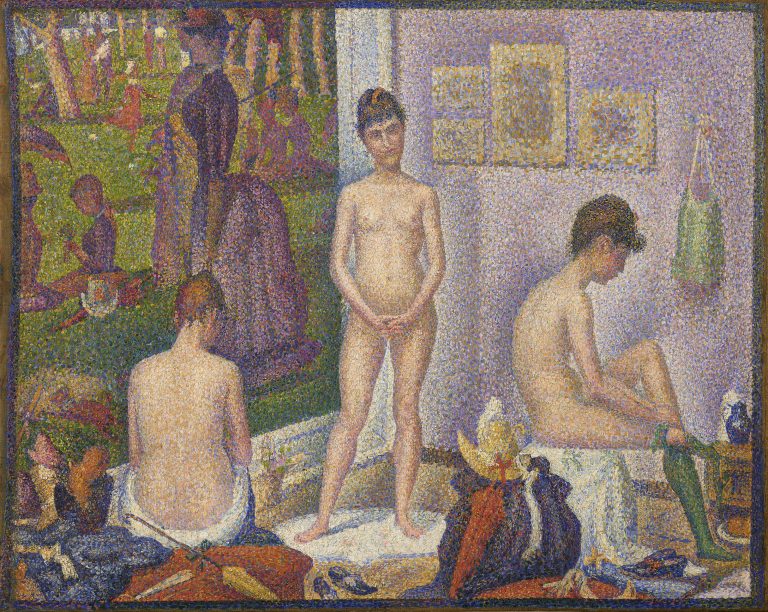 Three nude models in a studio, depicted from the front, back, and side against a backdrop of his own A Sunday Afternoon on the Island of La Grande Jatte