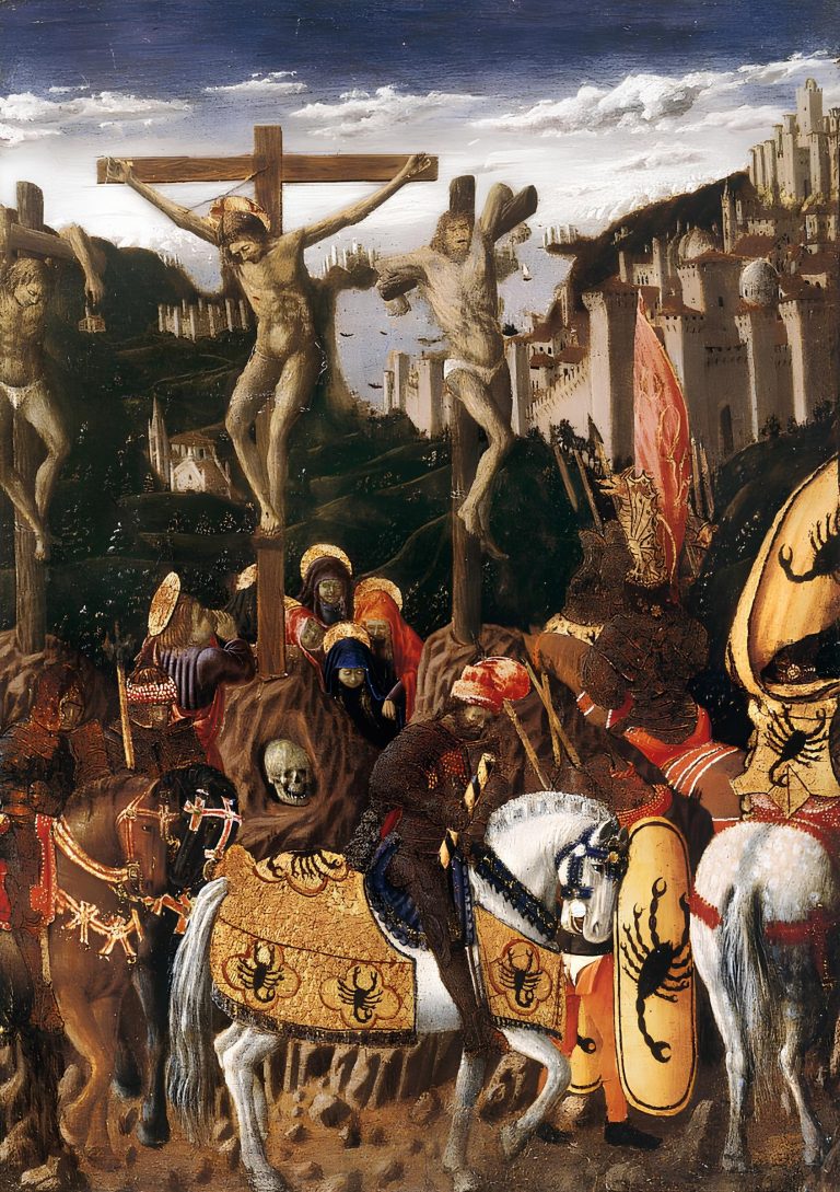 Crucifixion of Jesus Christ, surrounded by several other figures wearing scorpions sybols on their gears