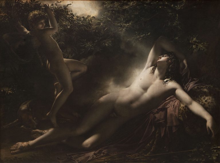 The mythological, languidly nude shepherd Endymion bathed in moonlight