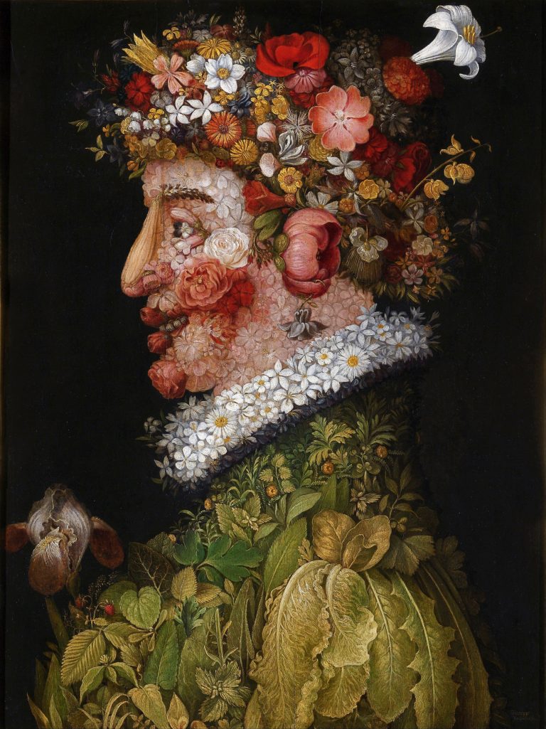 A vibrant, lush bouquet of over 80 identifiable flowers and plants, forming a human head in profile facing left