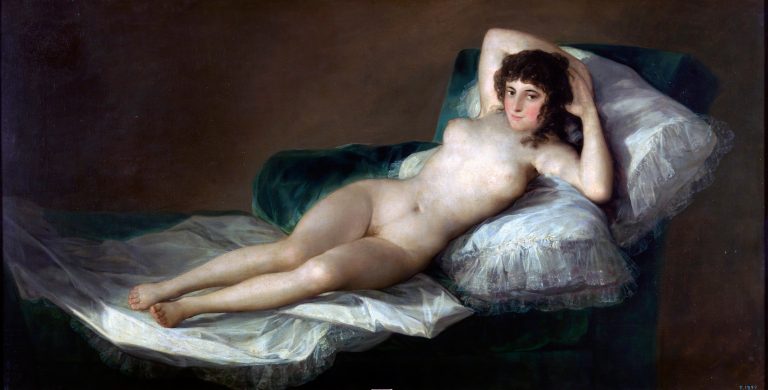 A reclining nude woman with a direct, confronting gaze.