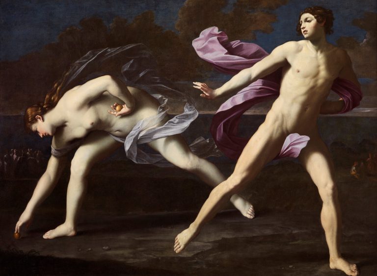 The moment Atalanta pauses to pick up a golden apple, with intense, luminous nudes contrasted against a dark background, showing Hippomenes taking the lead.