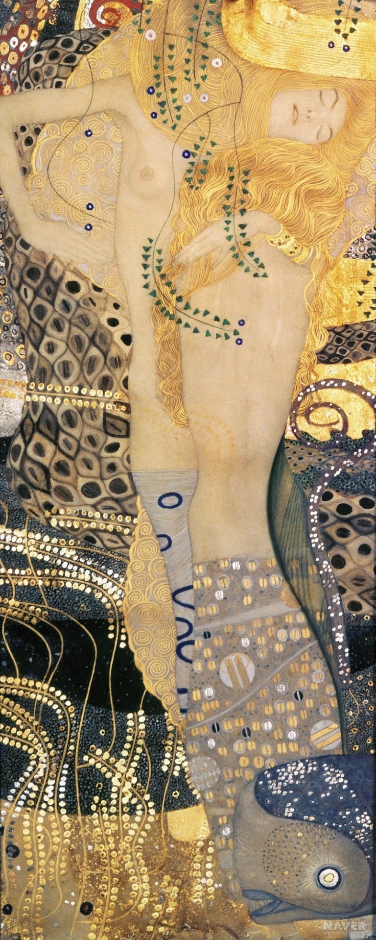 Dreamlike underwater world where sensuous, intertwined female figures, adorned with elaborate jewelry and flowing hair