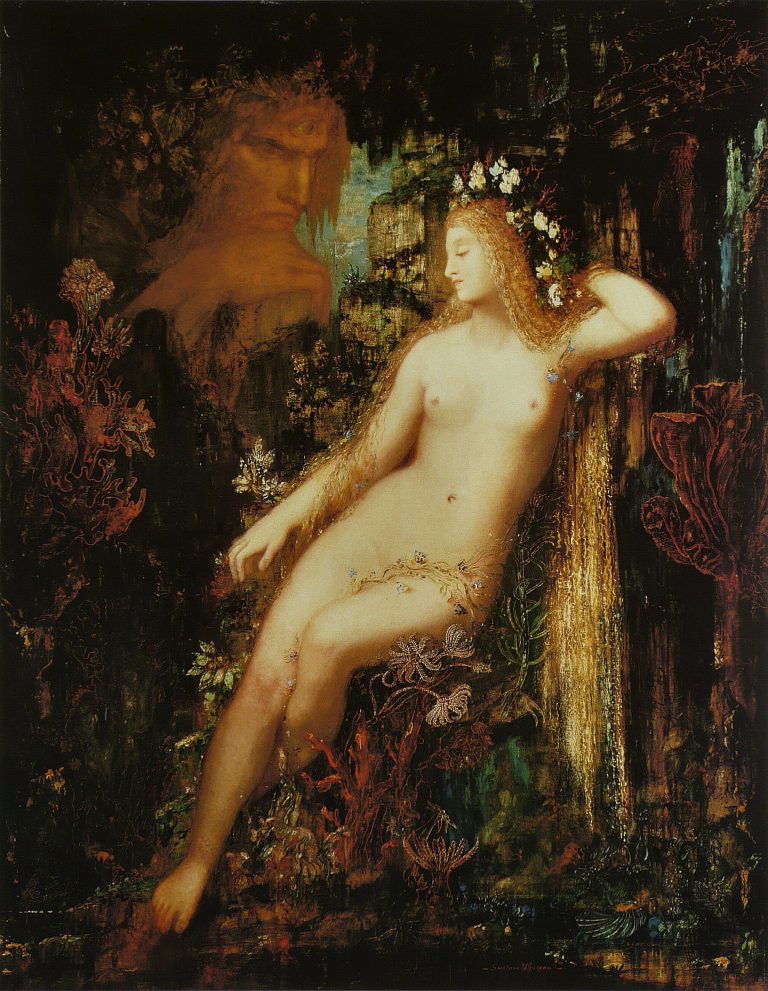 The Nereid sea nymph resting in a lush, exotic cave