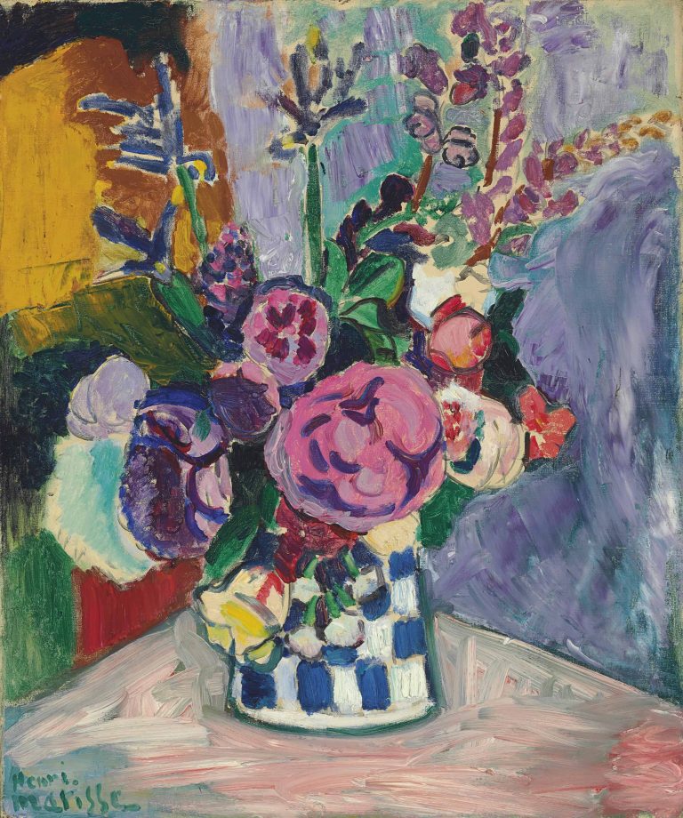 A vibrant Fauvist still life featuring lush pink and red peony blossoms in a vase