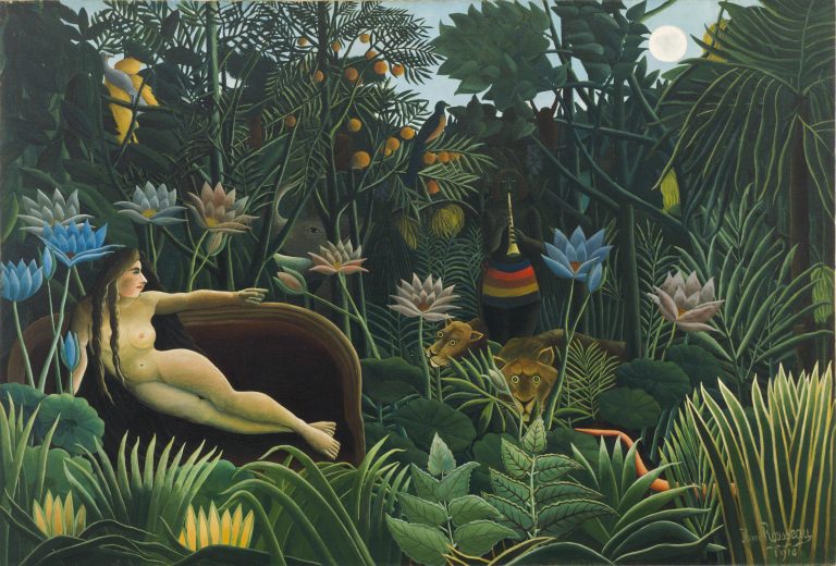 A lush, green jungle scene with plants, fruit trees, flowers, animals, birds, and a naked woman figure