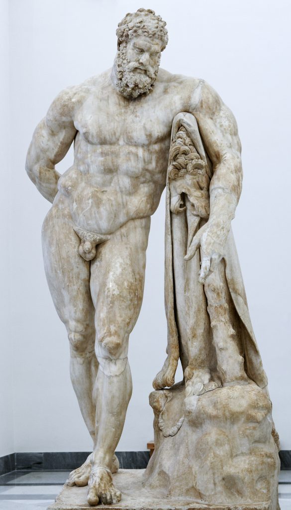 A weary, muscular Hercules resting on his club after his Labors