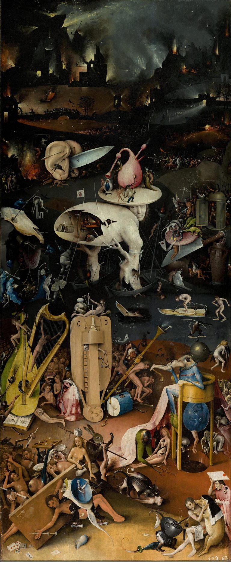 The right panel, "Hell," presents a nightmarish, nocturnal landscape showing the punishment for earthly pleasures, featuring distorted monsters, torture devices, and burning cities, reflecting a profound moral commentary