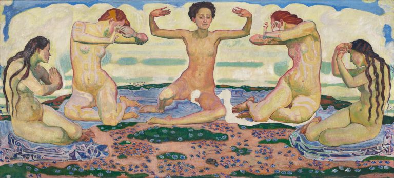 Five idealized female nudes in a stylized landscape