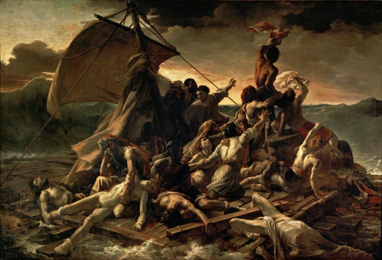 The aftermath of the 1816 French frigate Méduse shipwreck. It shows 15 survivors, amid dead and dying comrades, frantically signaling to a distant ship