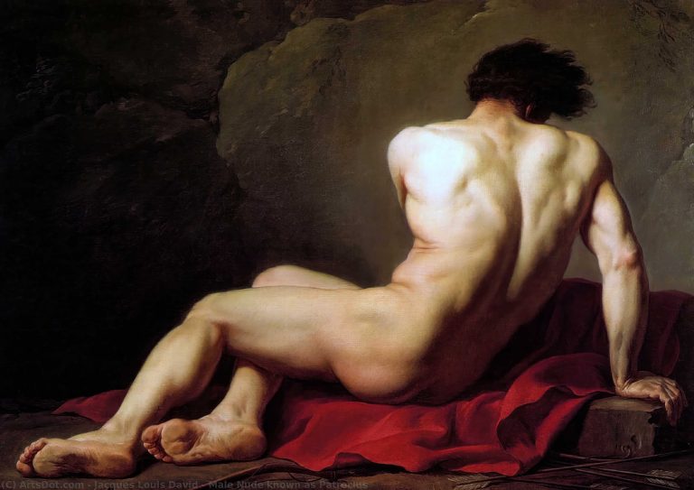 Reclining, deceased Greek hero, Patroclus, focusing on anatomy, dramatic lighting, and emotional depth