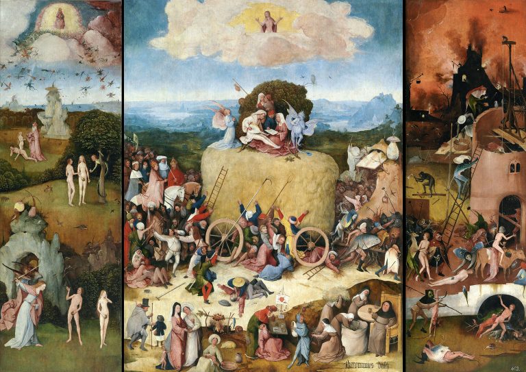 allegory of humanity’s sinful journey toward hell, with insects, hybrids, and insects-with-human-bodies appearing, particularly in the damned procession